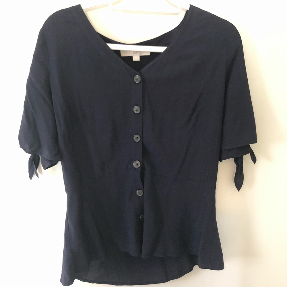 Navy Button Down Loft Blouse with Tie Details